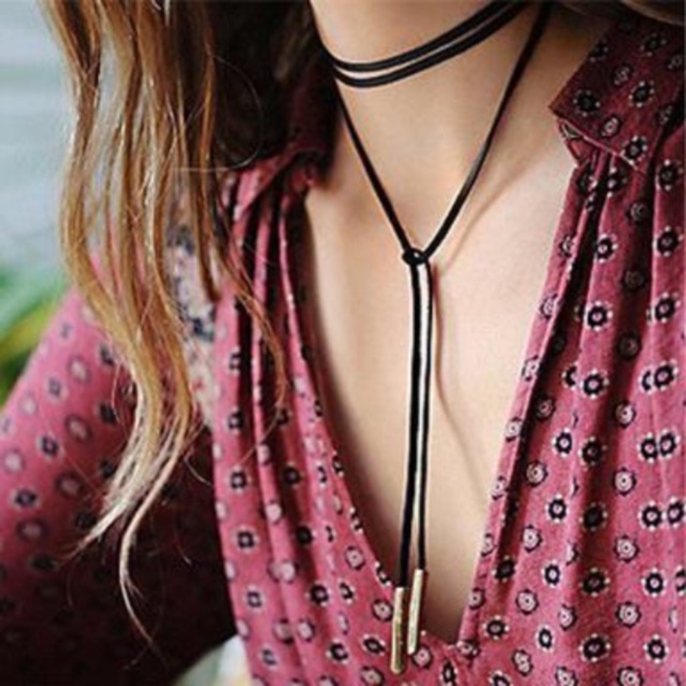 New Wrap Around Cord Choker, Black Suede Vegan Multilayer Tie
